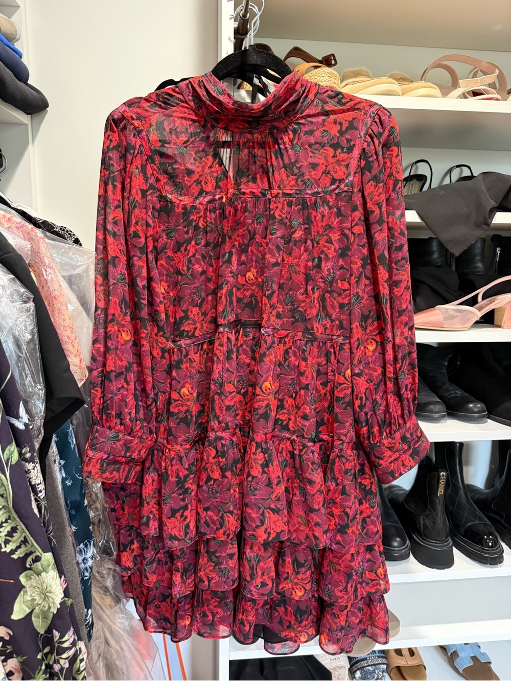cinq a sept Red and Pink Floral Long-Sleeve Tiered Mini Dress